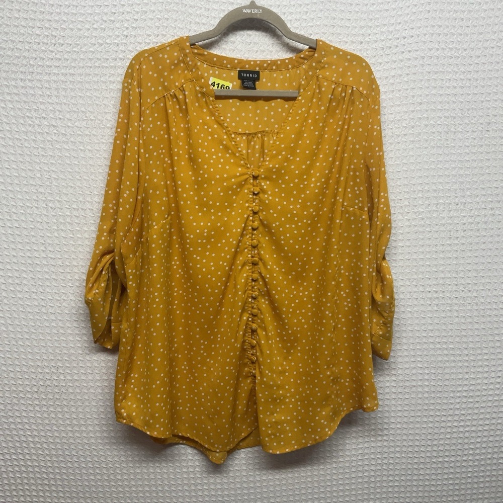 Torrid Top Womens Sz 3 Mustard Yellow White Polka Dot Button Front Rolled Sleeve